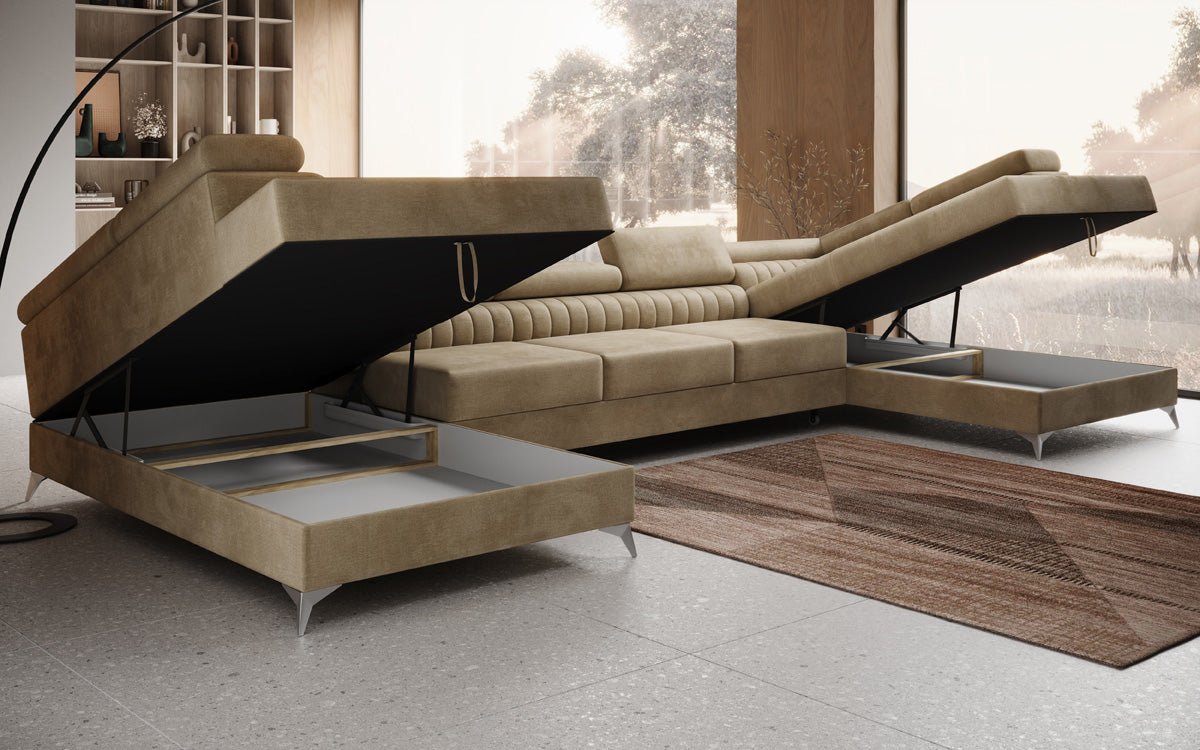 Designer Sofa Aurea U XXL med sove- og klapfunktion i Velour