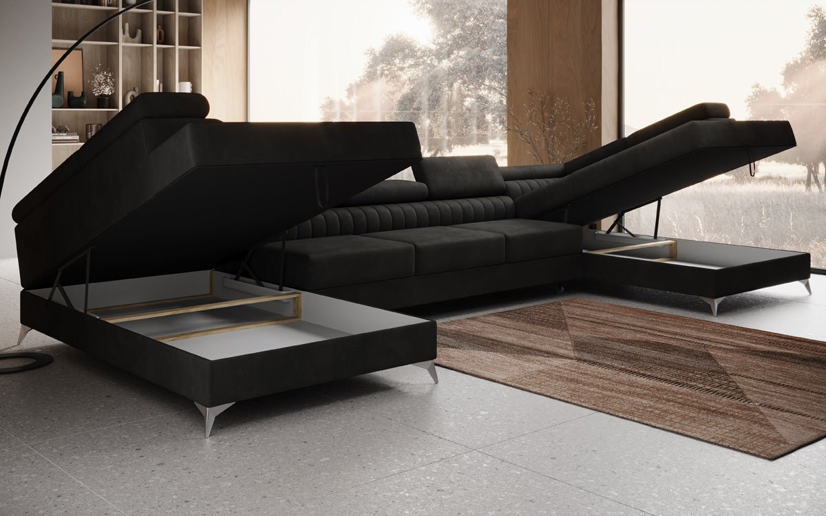 Designer Sofa Aurea U XXL med sove- og klapfunktion i Velour