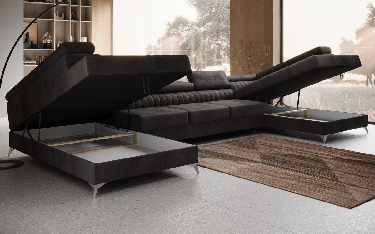 Designer Sofa Aurea U XXL med sove- og klapfunktion i Velour
