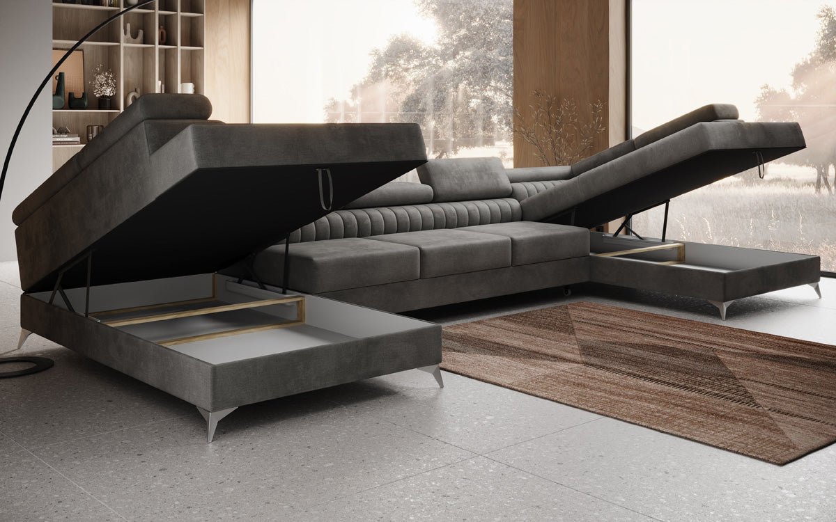 Designer Sofa Aurea U XXL med sove- og klapfunktion i Velour
