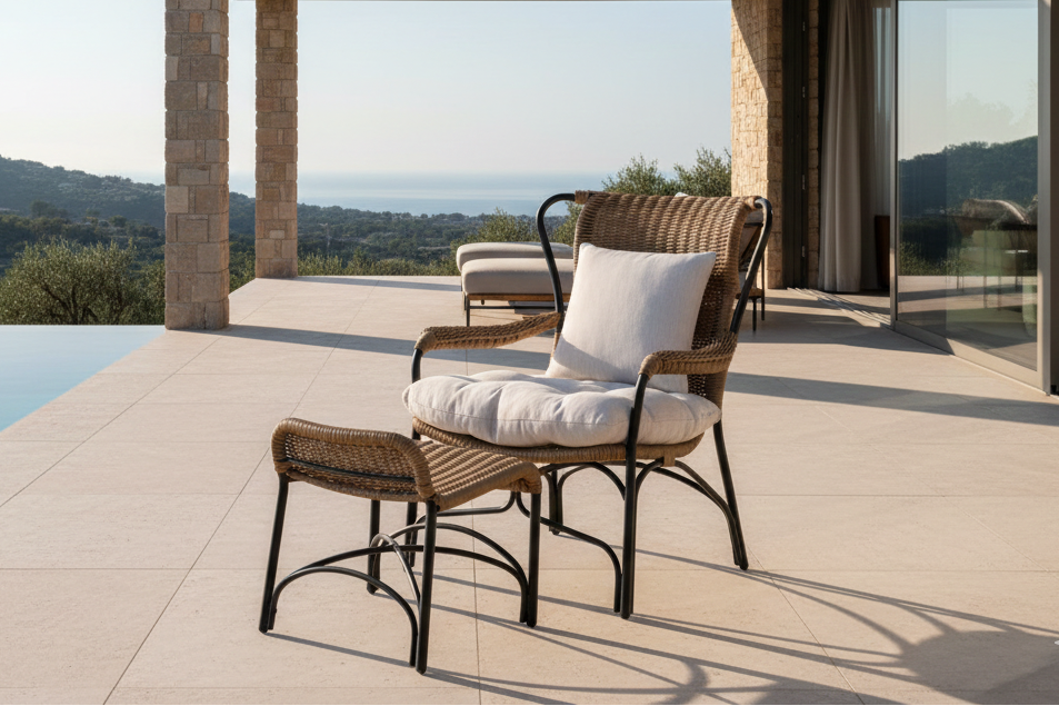 Havestol Asia - med sort stel og lyse puder