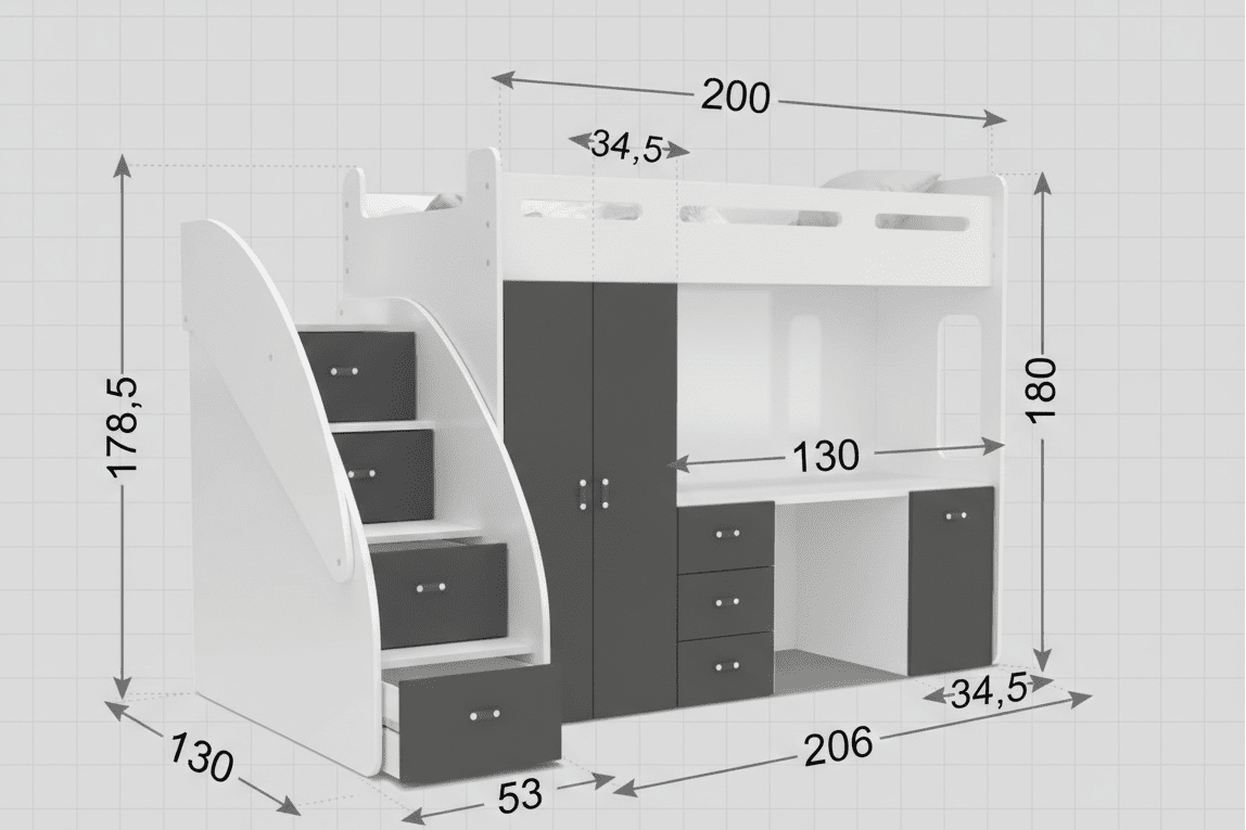 Kinderhochbett Study -  mit Schreibtisch, viel Stauraum & Matratze