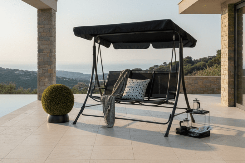 Garten Hollywoodschaukel Madeira - mit Polyesterbezug und Stahlgestell in Schwarz