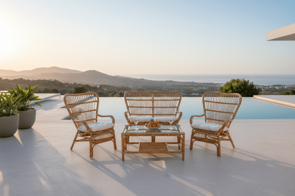 Havemøbelsæt Raisa – med glasplade og hvide puder