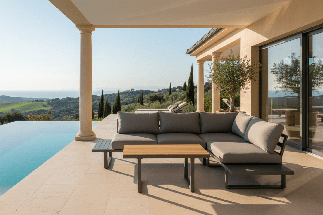 Havemøbelsæt Santorin – Aluminium Hjørnesofa med Højdejusterbart Bord