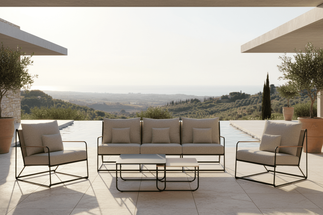 Havemøbelsæt Nivo – 5-delt sæt med beige bouclé-puder