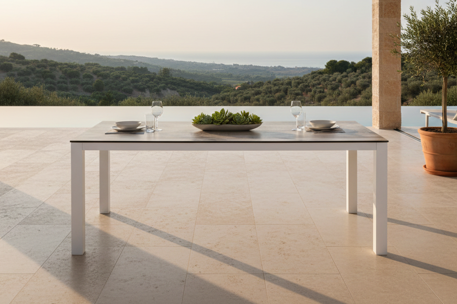 Gartentisch Kisiwa - et hvidt gråt spisebord i rektangulær form