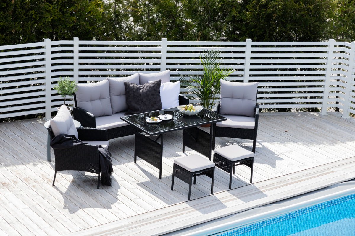 Loungeset Ruby - aus schwarzem Rattan mit grauen Kissen