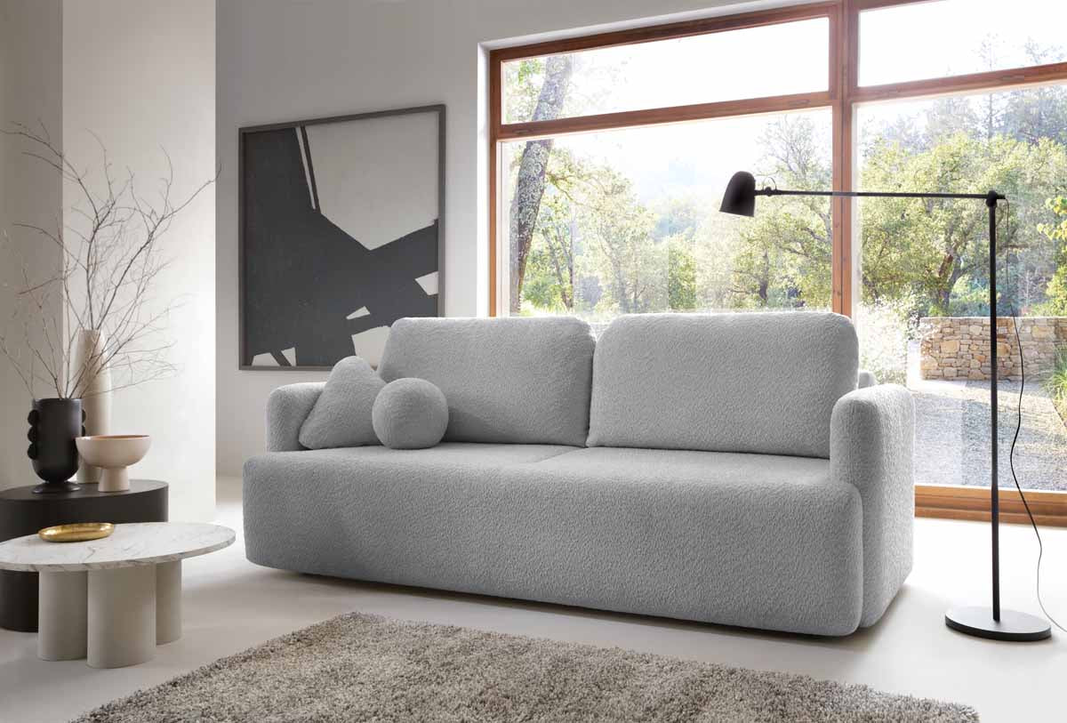 Designer Sofa Celiné Bouclé mit Schlaffunktion und Stauraum