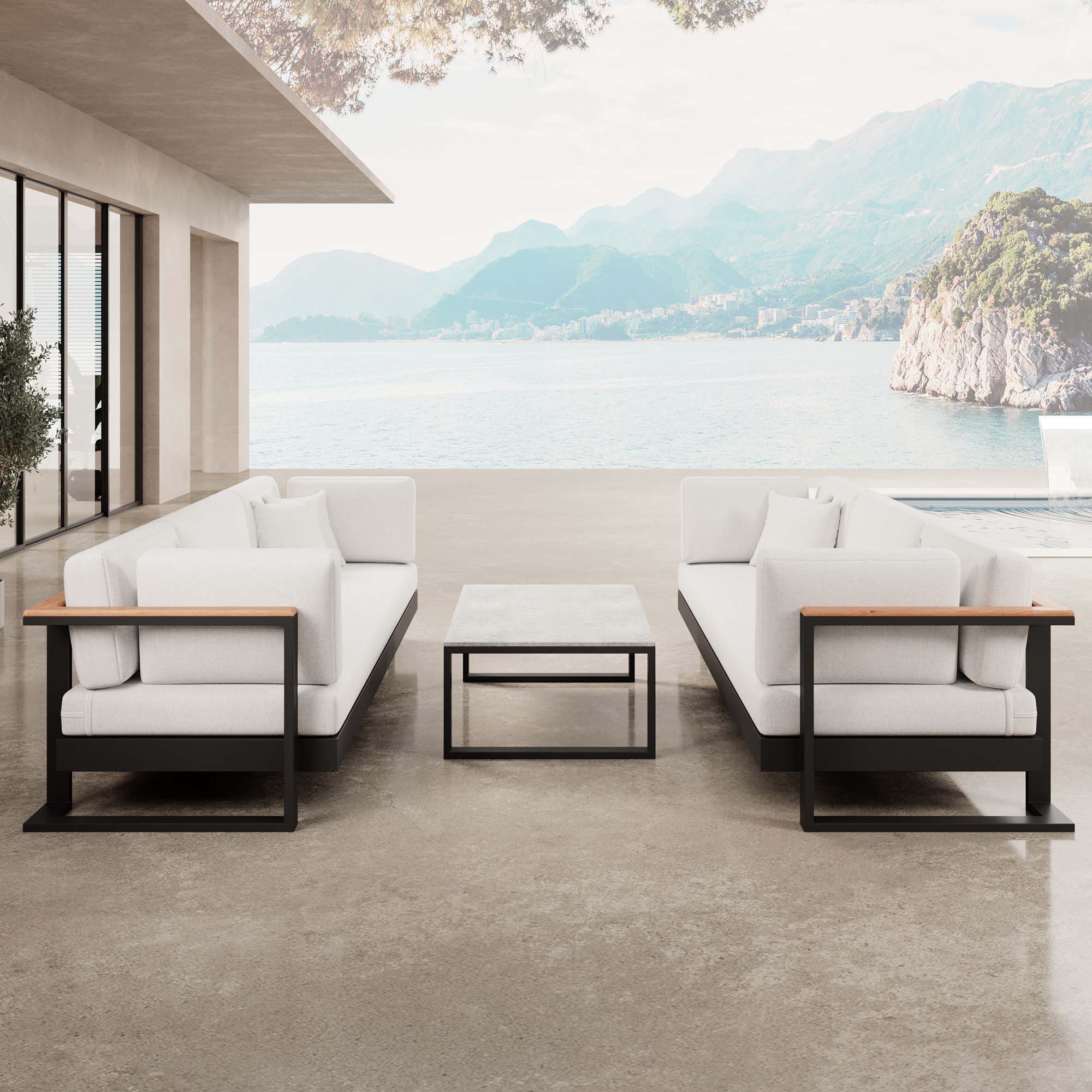 Vayla – 2 Dreisitzer & Tisch aus schwarzem Aluminium | Aevora™ Kollektion