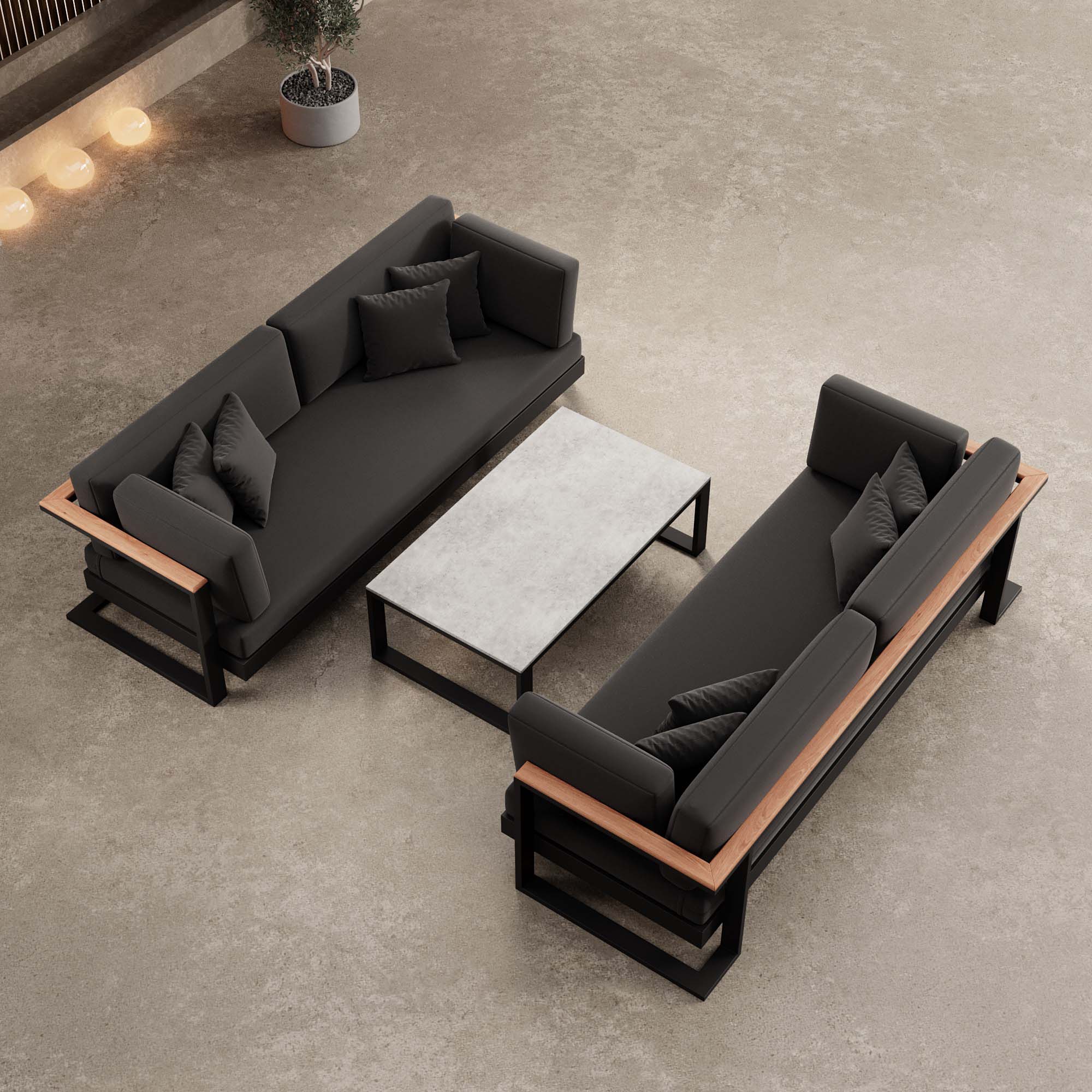 Vayla – 2 Zweisitzer & Tisch aus schwarzem Aluminium | Aevora™ Kollektion