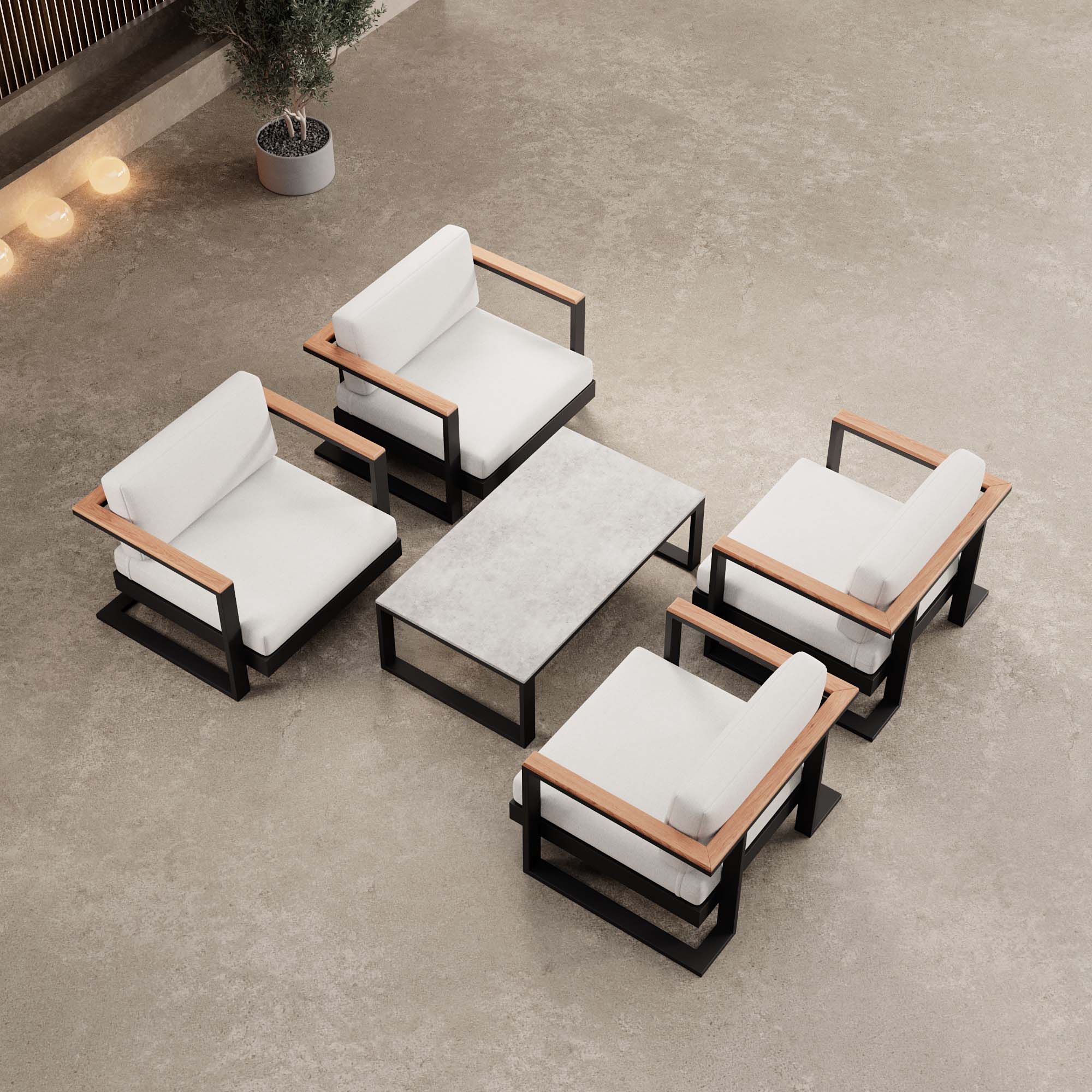 Vayla – 4 Loungesessel & Tisch aus schwarzem Aluminium | Aevora™ Kollektion