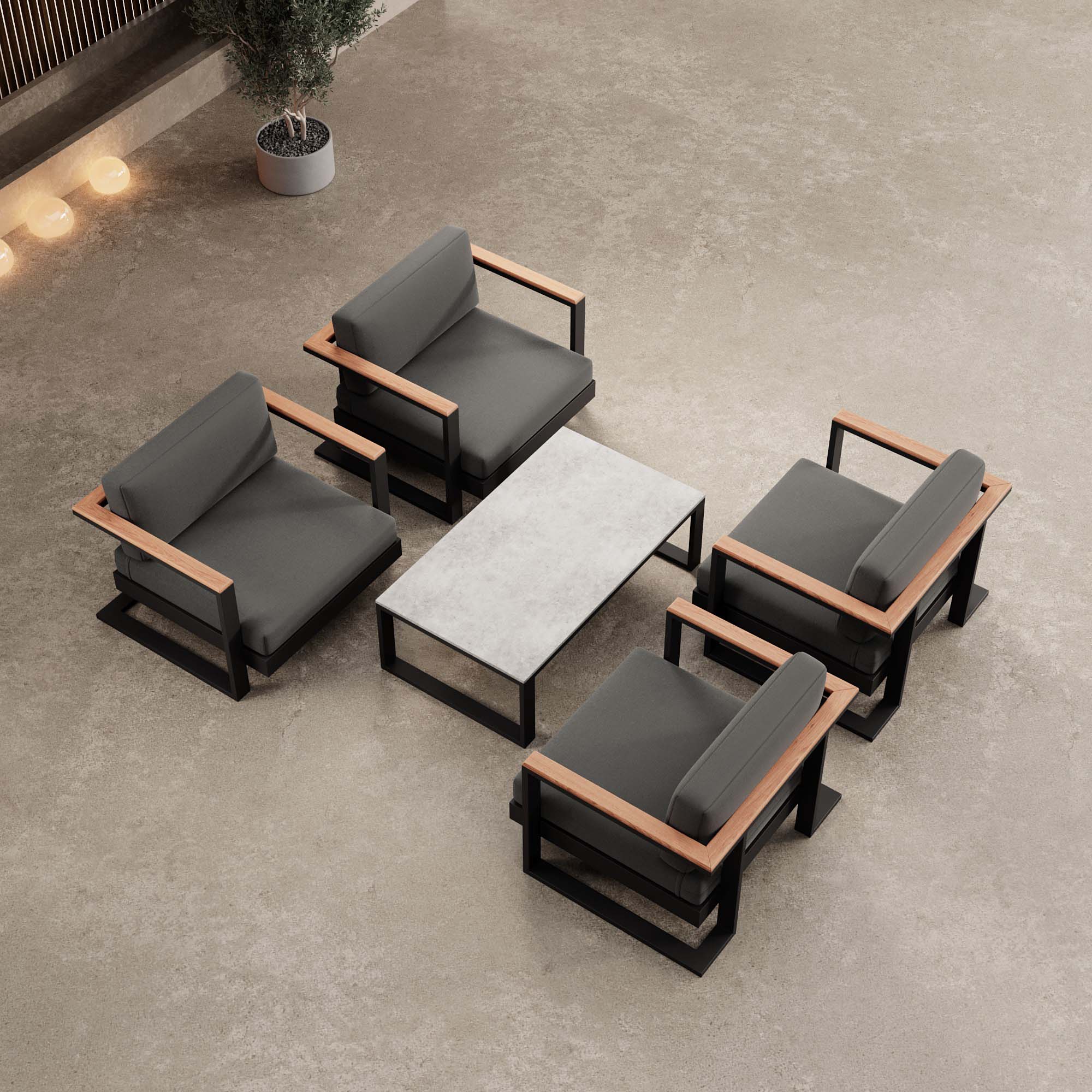 Vayla – 4 Loungesessel & Tisch aus schwarzem Aluminium | Aevora™ Kollektion