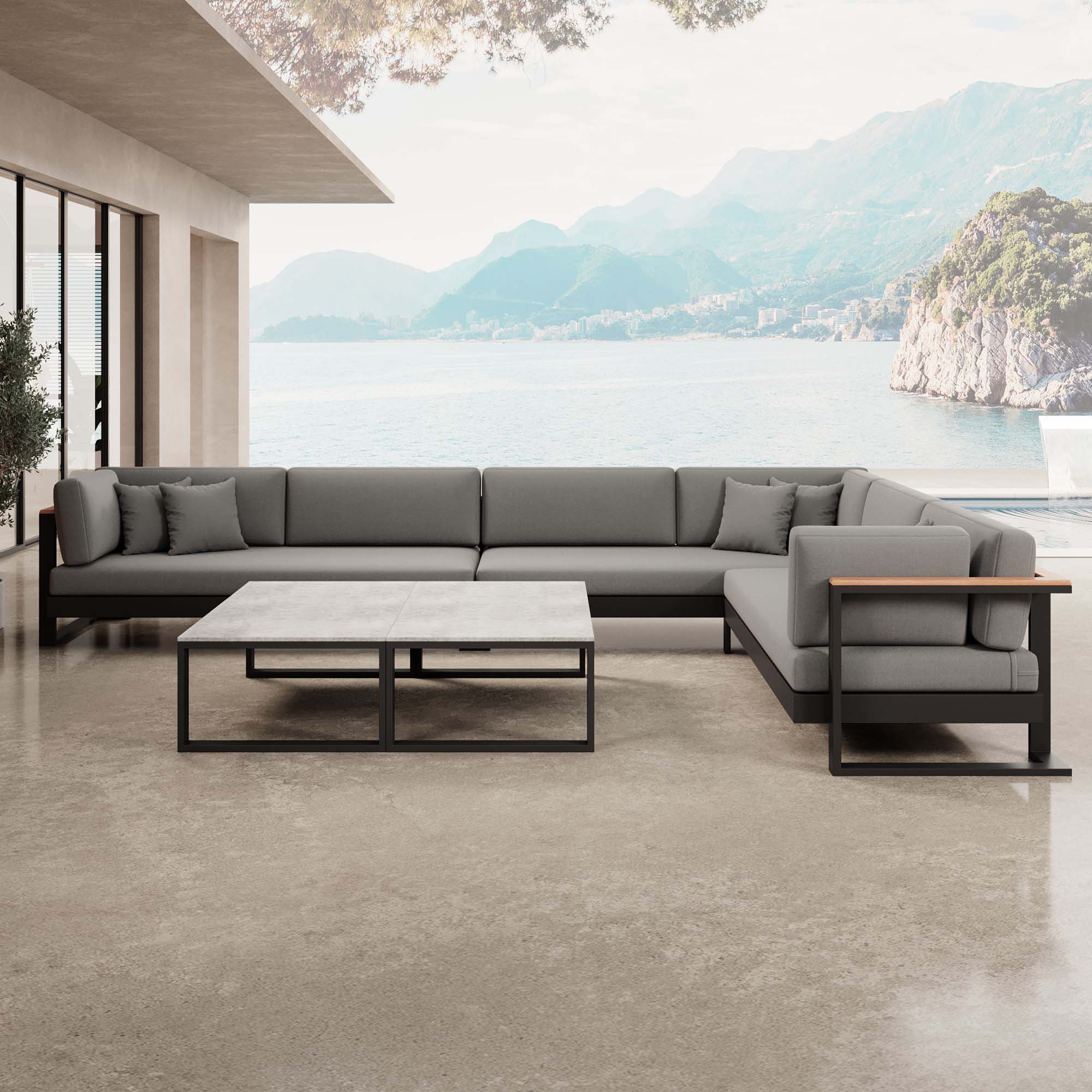 Vayla – Wohnlandschaft mit Doppeltisch & Ecksofa aus schwarzem Aluminium | Aevora™ Kollektion