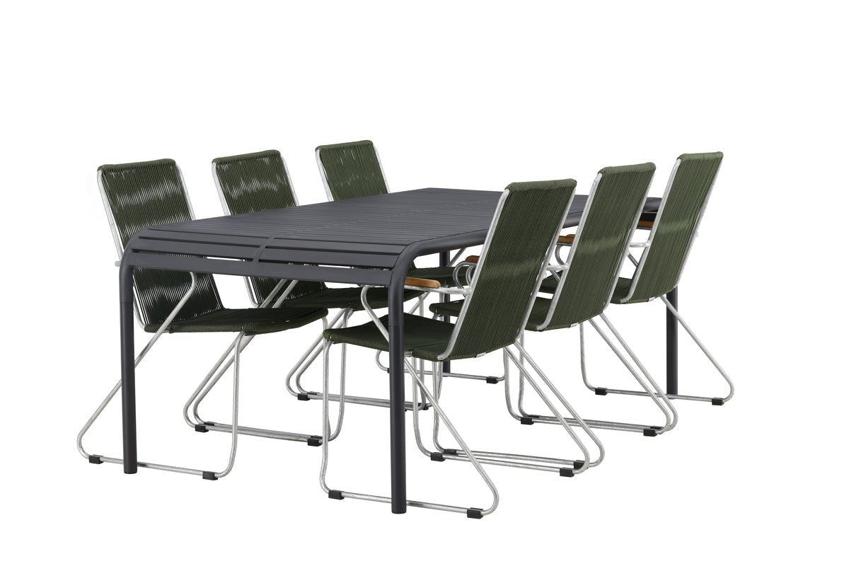 Garten Essgruppe Bloom – 7-delt havemøbelsæt med grønne, stabelbare stole