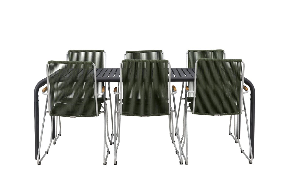 Garten Essgruppe Bloom – 7-delt havemøbelsæt med grønne, stabelbare stole