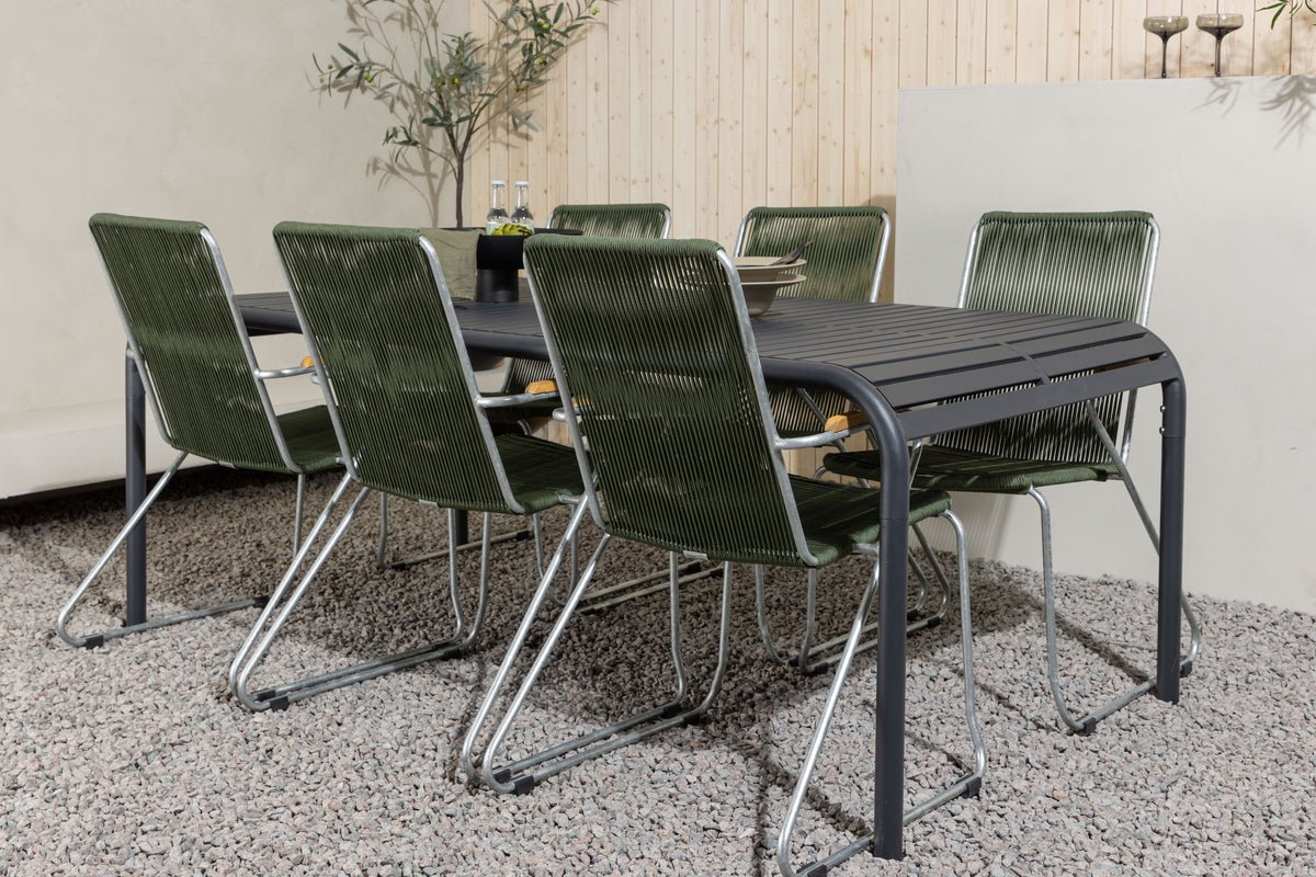 Garten Essgruppe Bloom – 7-delt havemøbelsæt med grønne, stabelbare stole