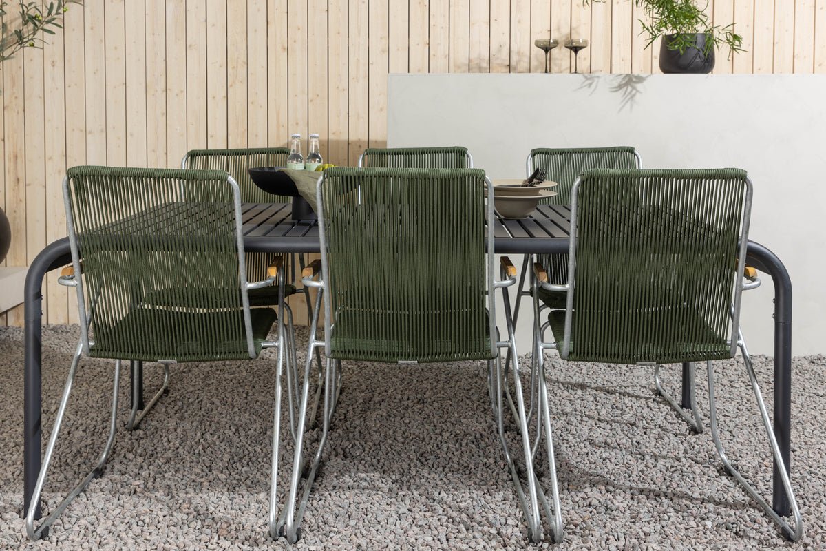 Garten Essgruppe Bloom – 7-delt havemøbelsæt med grønne, stabelbare stole