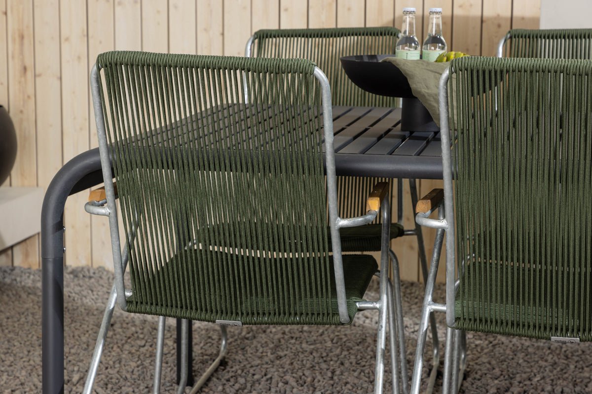 Garten Essgruppe Bloom – 7-delt havemøbelsæt med grønne, stabelbare stole