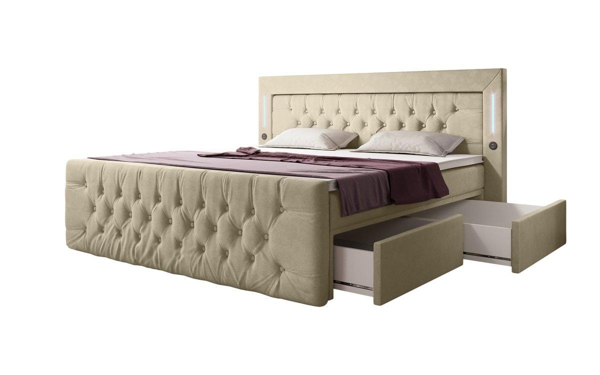 Boxspringbett Diva mit USB, LED und Stauraum (2 Schubladen) - Luxusbetten24