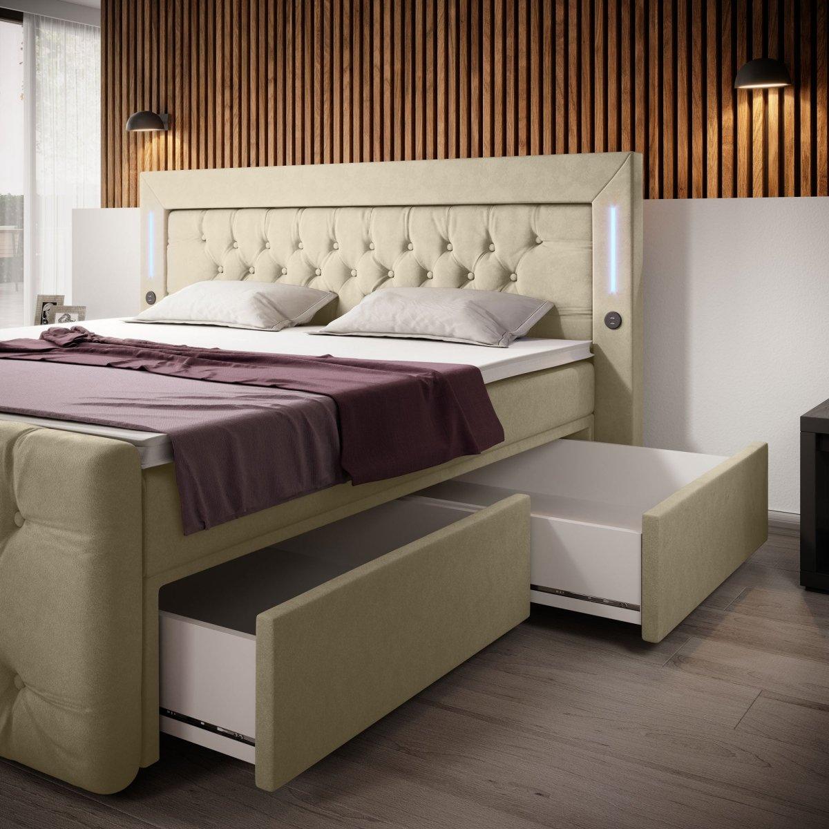 Boxspringbett Diva mit USB, LED und Stauraum (2 Schubladen) - Luxusbetten24