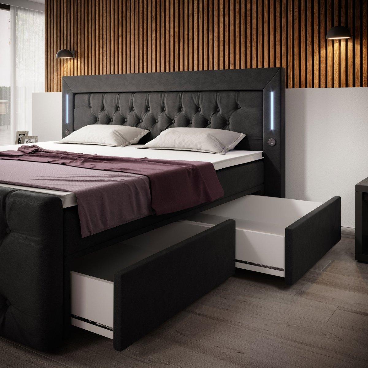 Boxspringbett Diva mit USB, LED und Stauraum (2 Schubladen) - Luxusbetten24