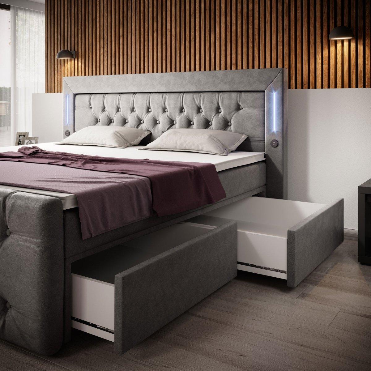 Boxspringbett Diva mit USB, LED und Stauraum (2 Schubladen) - Luxusbetten24